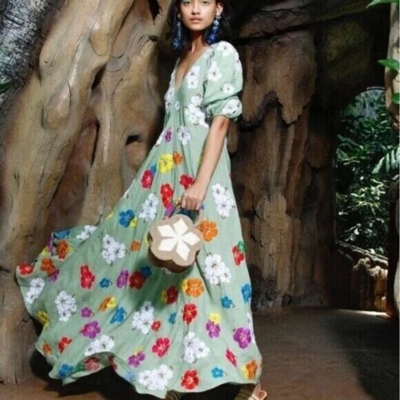 ALL THINGS MOCHI Tila Floral-Embroidered Linen Maxi Dress Size S NEW,All Products : American Fashion Style Bags On Sale